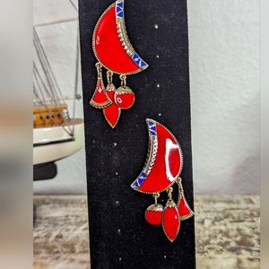 Vintage Edgar Berebi Red/ Cobalt Blue Enamel Silver Tone Dangle Post Earrings